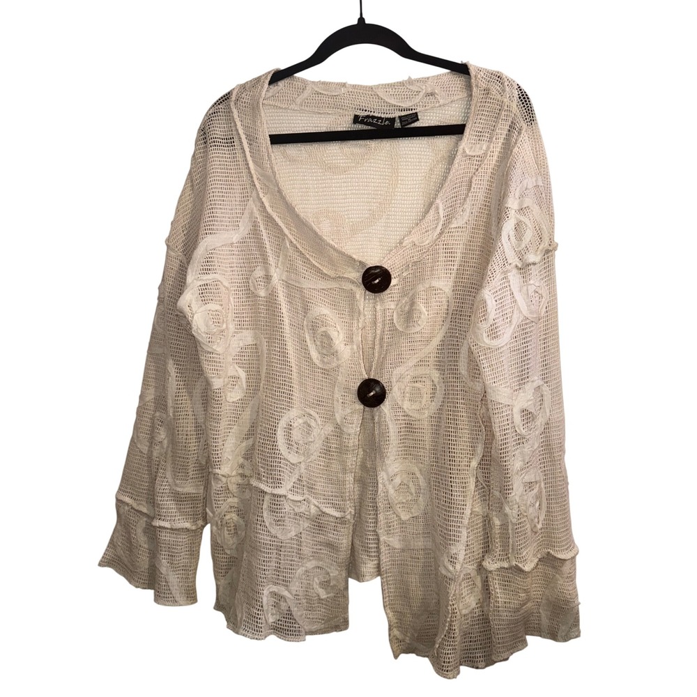 Frazzle Cream Cotton Open Mesh Knit Floral Swirl Cardigan Sweater Wood Buttons M